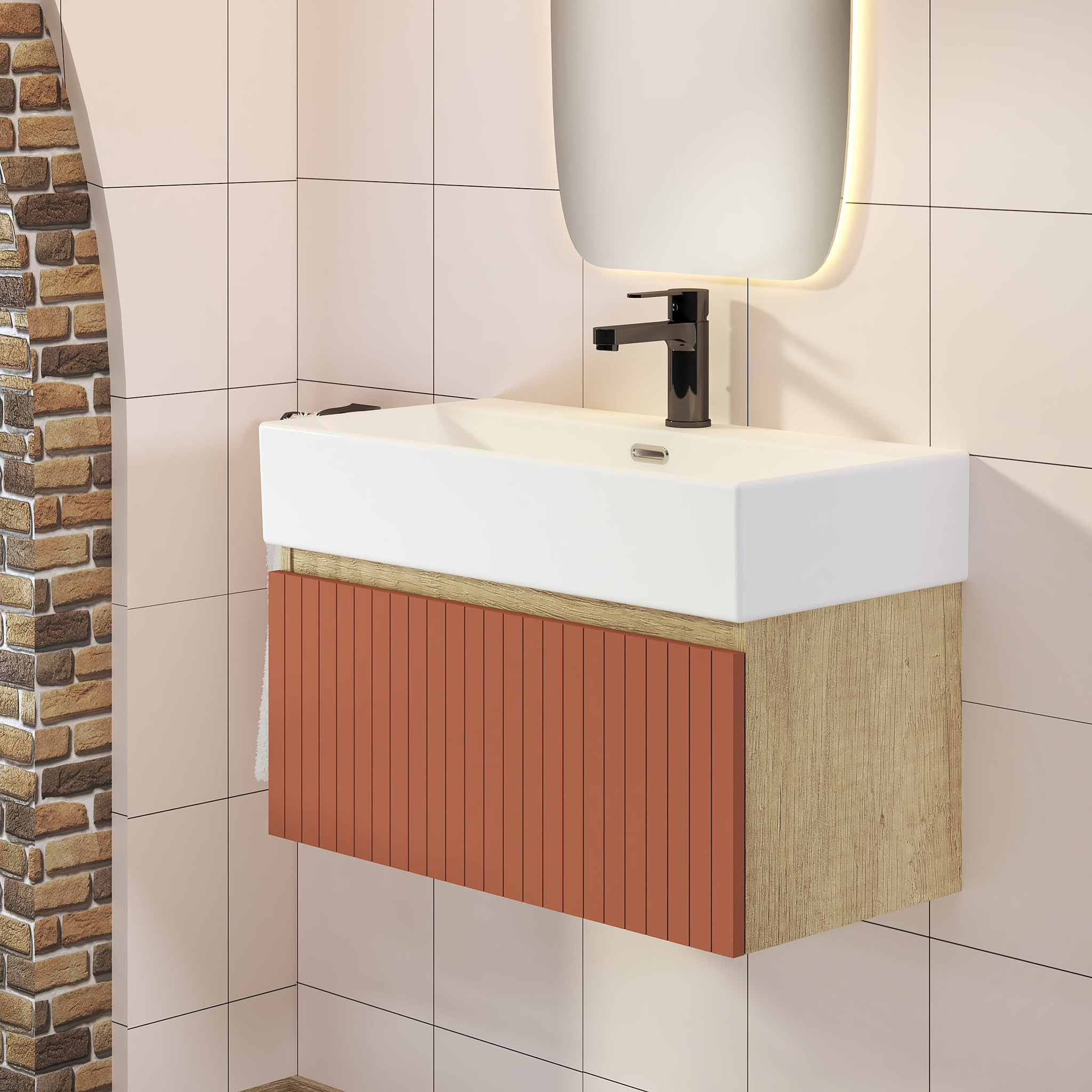 Ensemble de Salle de Bain Zel | Meuble Suspendu | 70 cm Écarlate | Un Tiroir | Lavabo Encastré | Miroir non inclus | Meuble Monté | Alday
