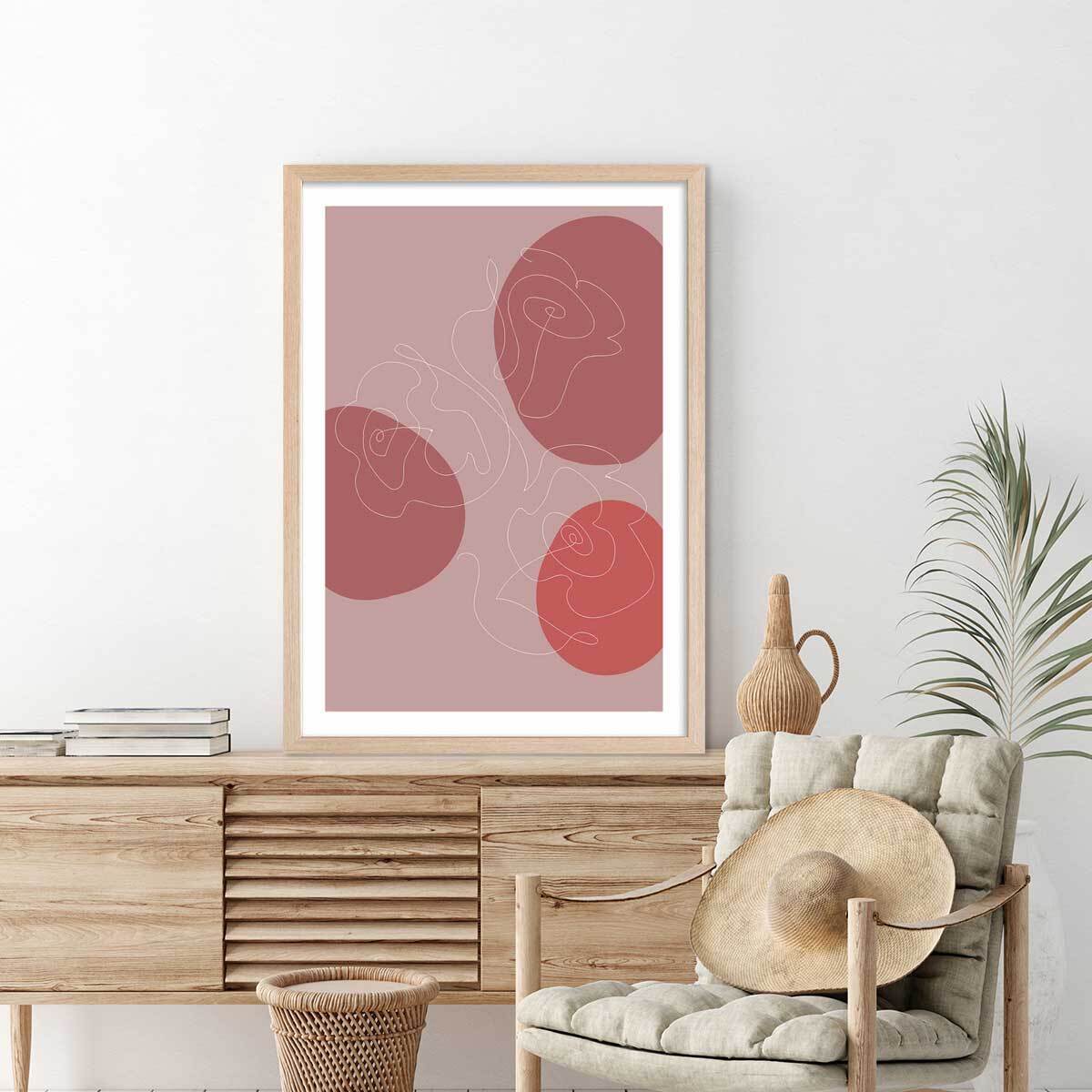 Affiche Line art et courbe rose Affiche + cadre en bois - Chêne