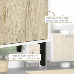 kleankin Armario Auxiliar de Baño Columna Auxiliar de Baño con Puerta Compartimiento Abierto y Patas de Acero para Lavabo Ducha Antivuelco 31,5x30x91 cm Roble y Blanco