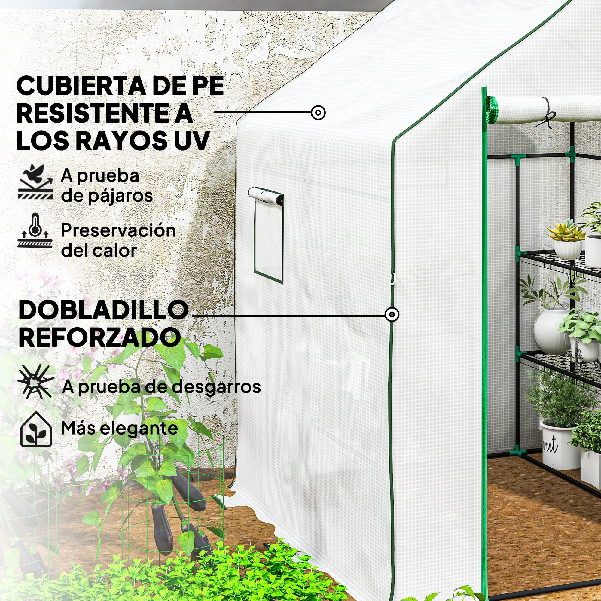 Invernadero de Exterior Invernadero Pequeño de 3 Niveles con 6 Estantes Puerta Enrollable Cubierta de PE y Marco de Acero para Cultivos Plantas Flores 140x143x190 cm Blanco
