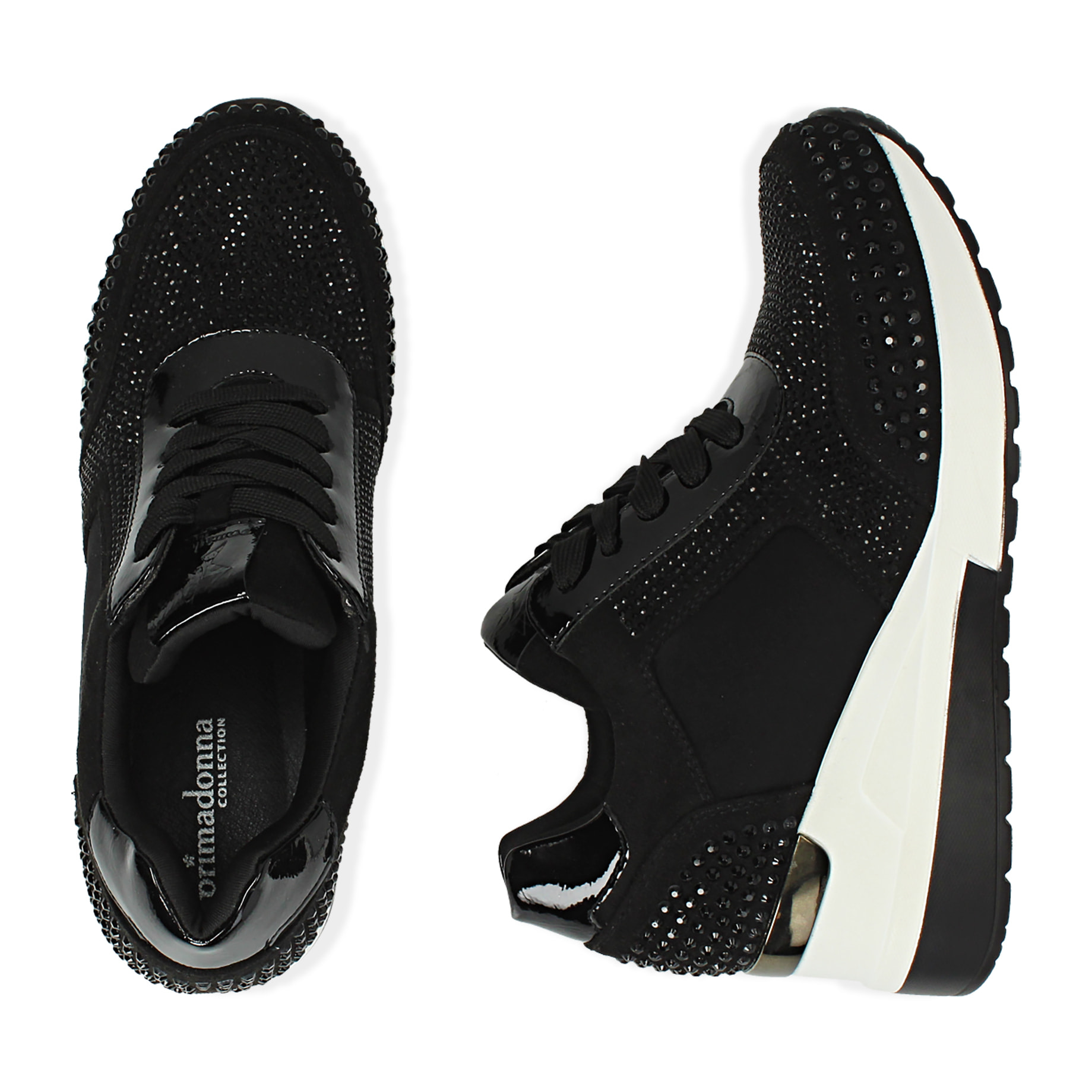 Sneakers negras en lycra con strass, cuña 6 cm