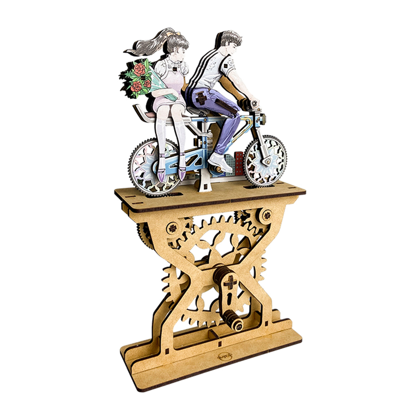 Maqueta de Madera 3D, con movimiento mecánico diseño de Amantes de la bicicleta en color - Pareja. 109 piezas.