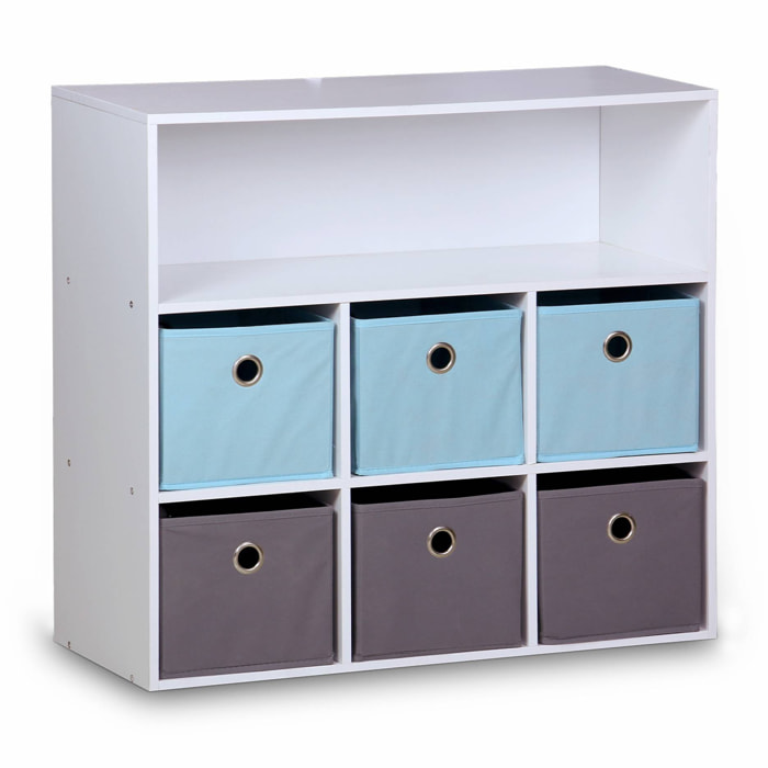 Meuble de rangement pour enfant. blanc - Camille - avec 7 compartiments et 6 paniers gris et bleus