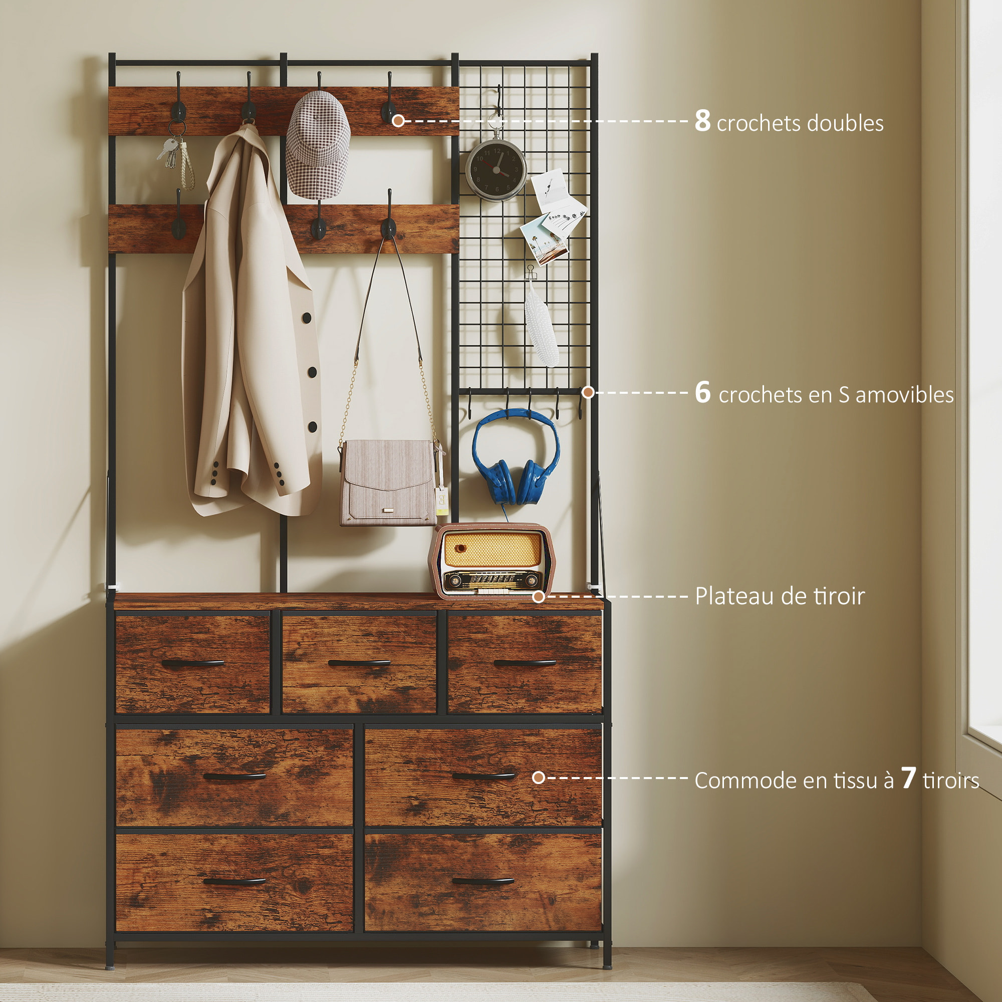 Meuble d'entrée 4 en 1 style industriel multi-rangement métal noir effet bois vieilli