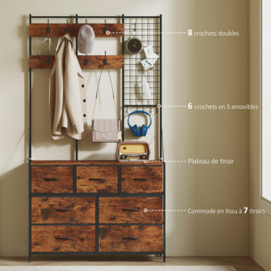 Meuble d'entrée 4 en 1 style industriel multi-rangement métal noir effet bois vieilli