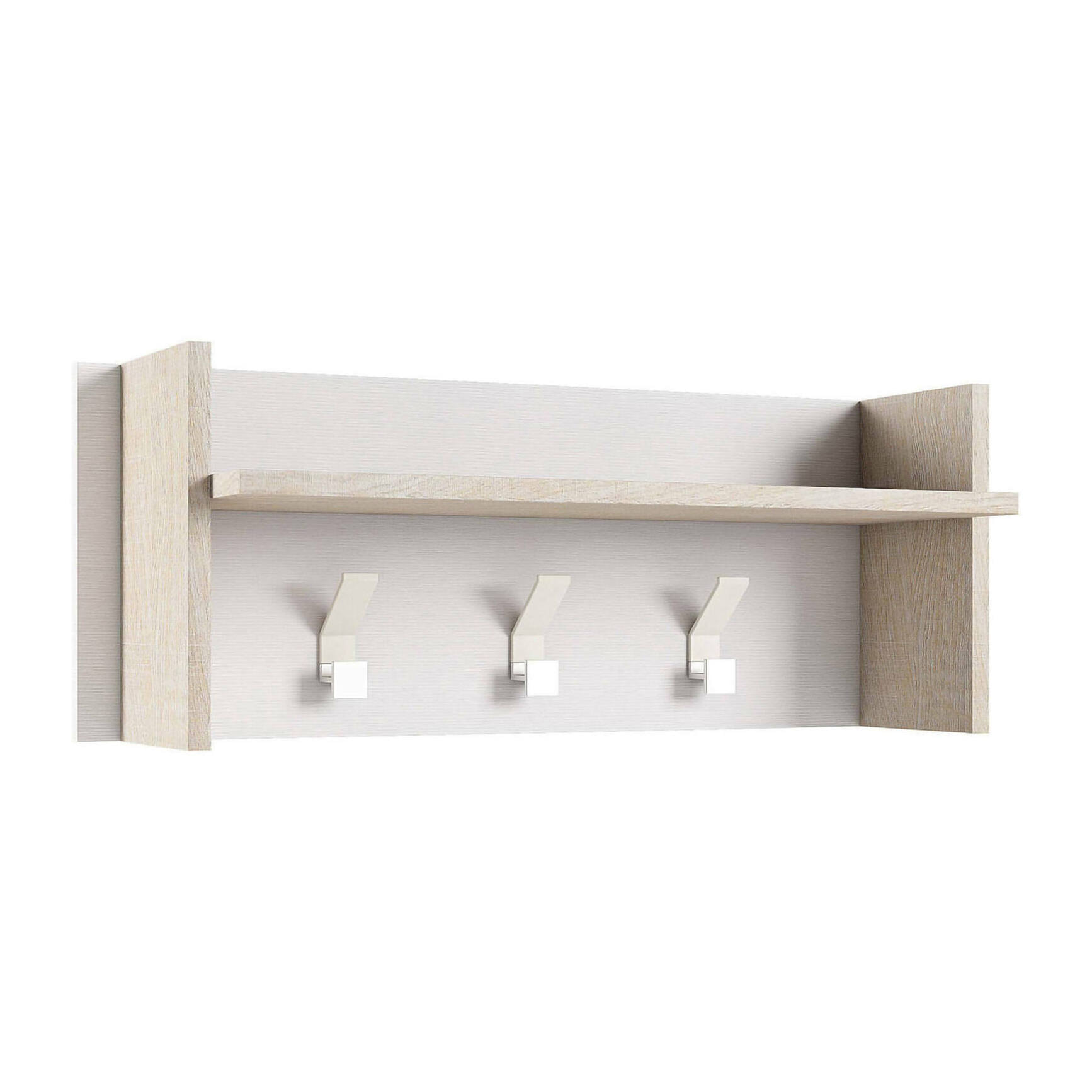 Mobile da ingresso Angry, Mobile appendiabiti con 3 ganci, Mensola portaoggetti da ingresso, 100% Made in Italy, 90x29h34 cm, Bianco e Rovere