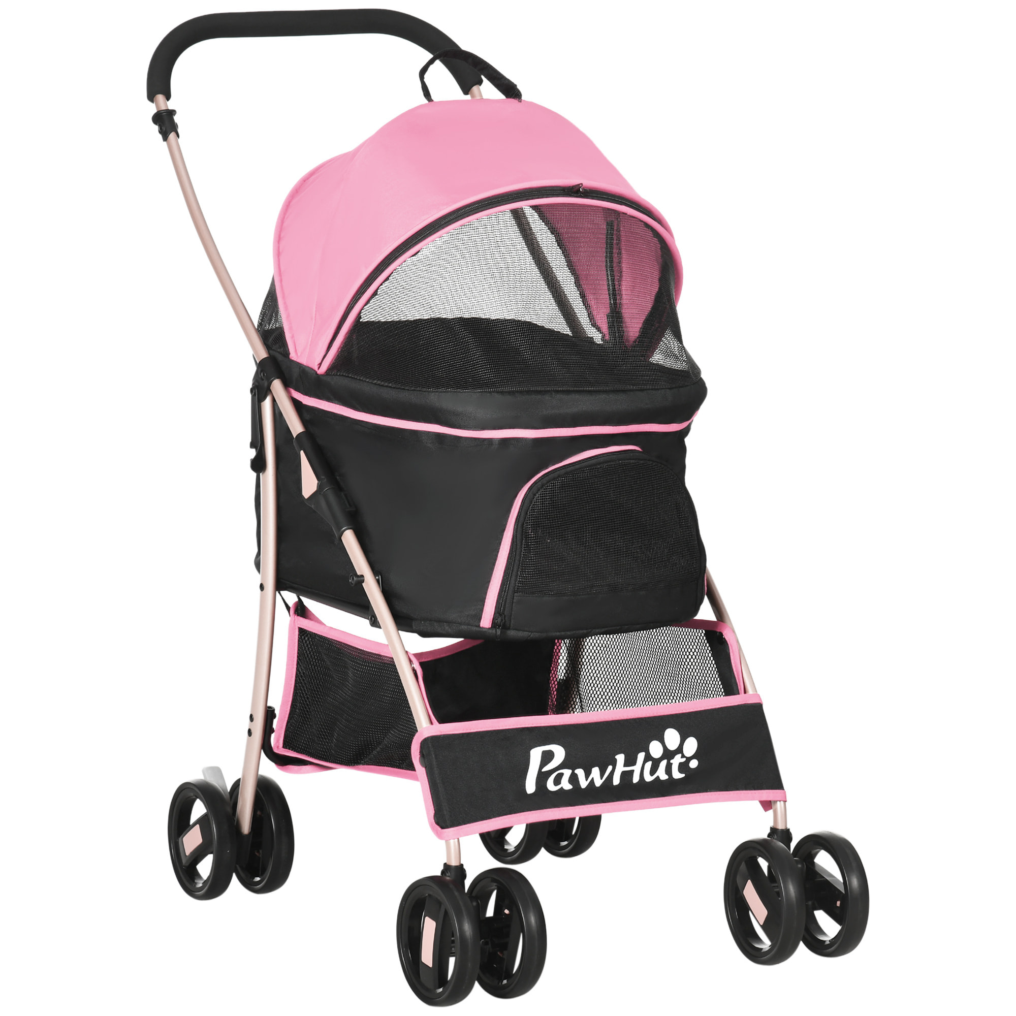 3 en 1 Cochecito para Mascotas Carrito para Perros y Gatos Desmontable Bolsa de Transporte Plegable con Cesta de Almacenaje y Frenos Tela Oxford 600D Carga 15 kg 82x49,5x98 cm Rosa