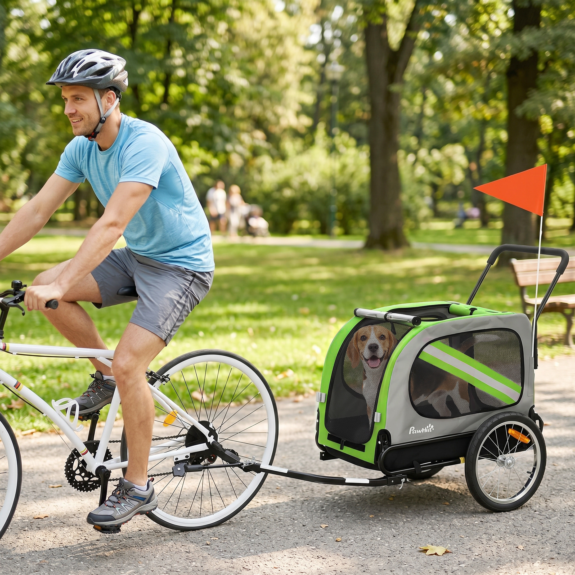 Remolque de Bicicleta para Perros 2 en 1, Carrito para Perros Medianos y Gatos Plegable con Cinturón de Seguridad, Bandera y Reflectores, Carga 20 kg, 134x62x101 cm, Verde