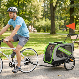 Remolque de Bicicleta para Perros 2 en 1, Carrito para Perros Medianos y Gatos Plegable con Cinturón de Seguridad, Bandera y Reflectores, Carga 20 kg, 134x62x101 cm, Verde
