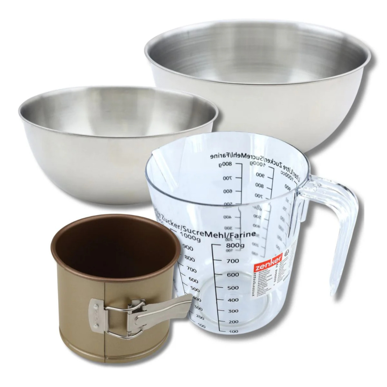 Set pâtisserie avec petit moule à panettone 12 x 10 cm en acier, 2 bols à mixer, verre mesureur et spatule Zenker