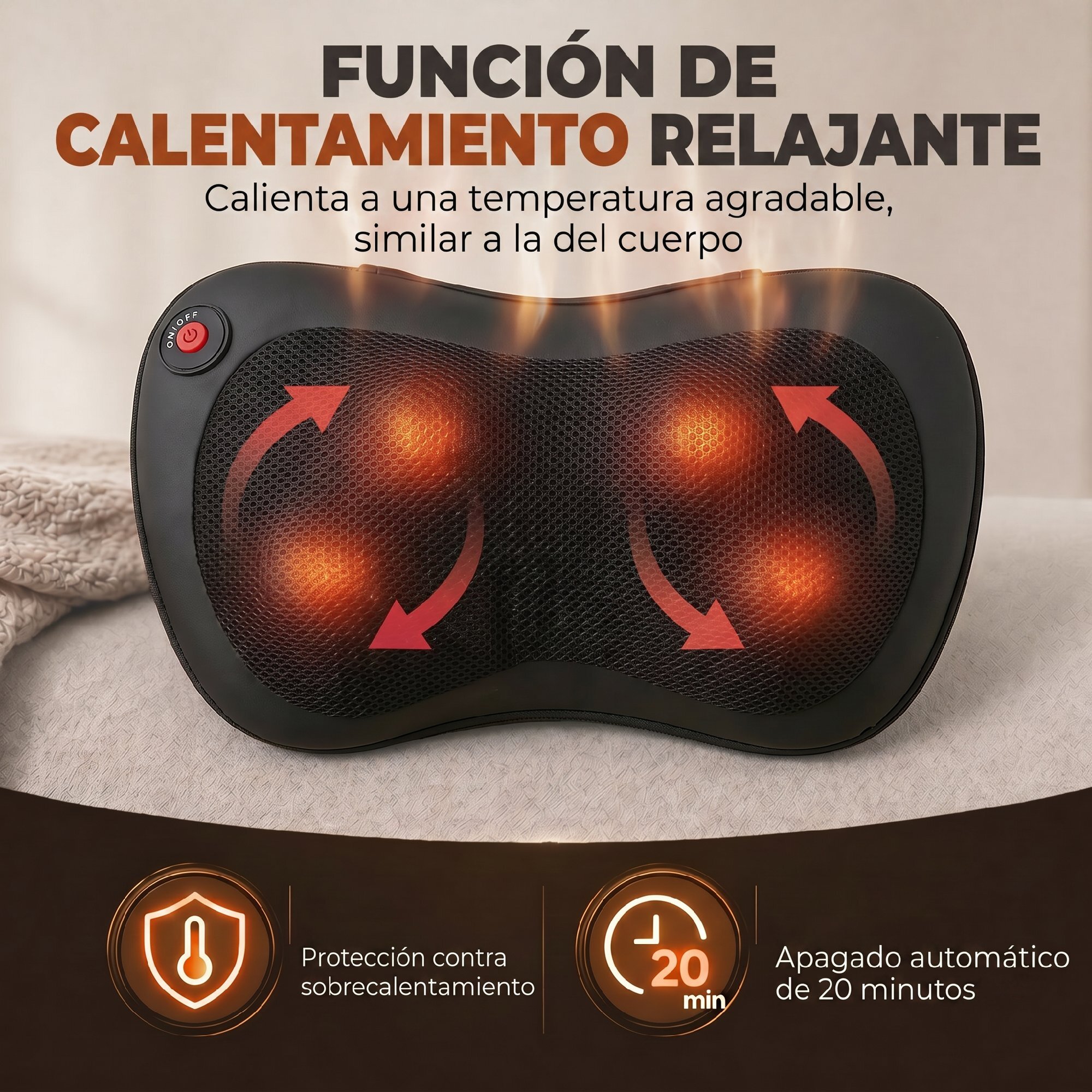 Cojín de Masaje Shiatsu con Calor y 4 Nodos, Amasado Giratorio 3D Masajeador de Cuello y Espalda, Alivio de la Fatiga Muscular Regalo para Mujer y Hombre en Casa, Oficina y Coche