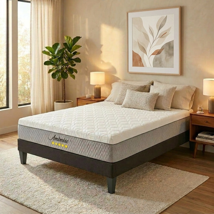 Ensemble Matelas Amboise & Sommier KIT15, 24 cm, Mémoire de Forme Haute Densité, Technologie Tri-Lattes, Soutien Ferme