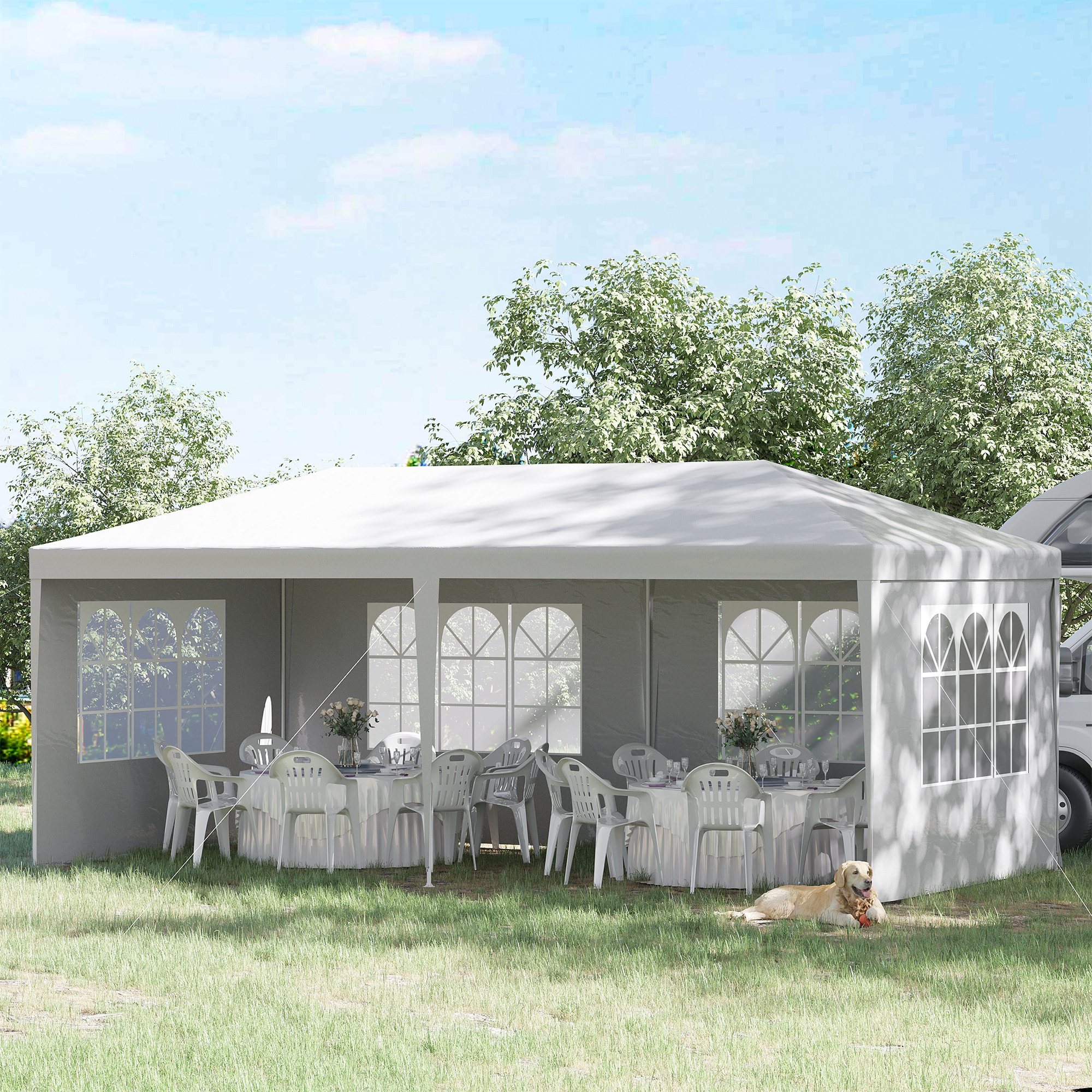 Carpa de Jardín con Laterales Desmontables 6x3 m Gazebo Pabellón con 4 Ventanas Transparentes 12 Orificios de Drenaje y Marco de Acero para Exterior Terraza Blanco