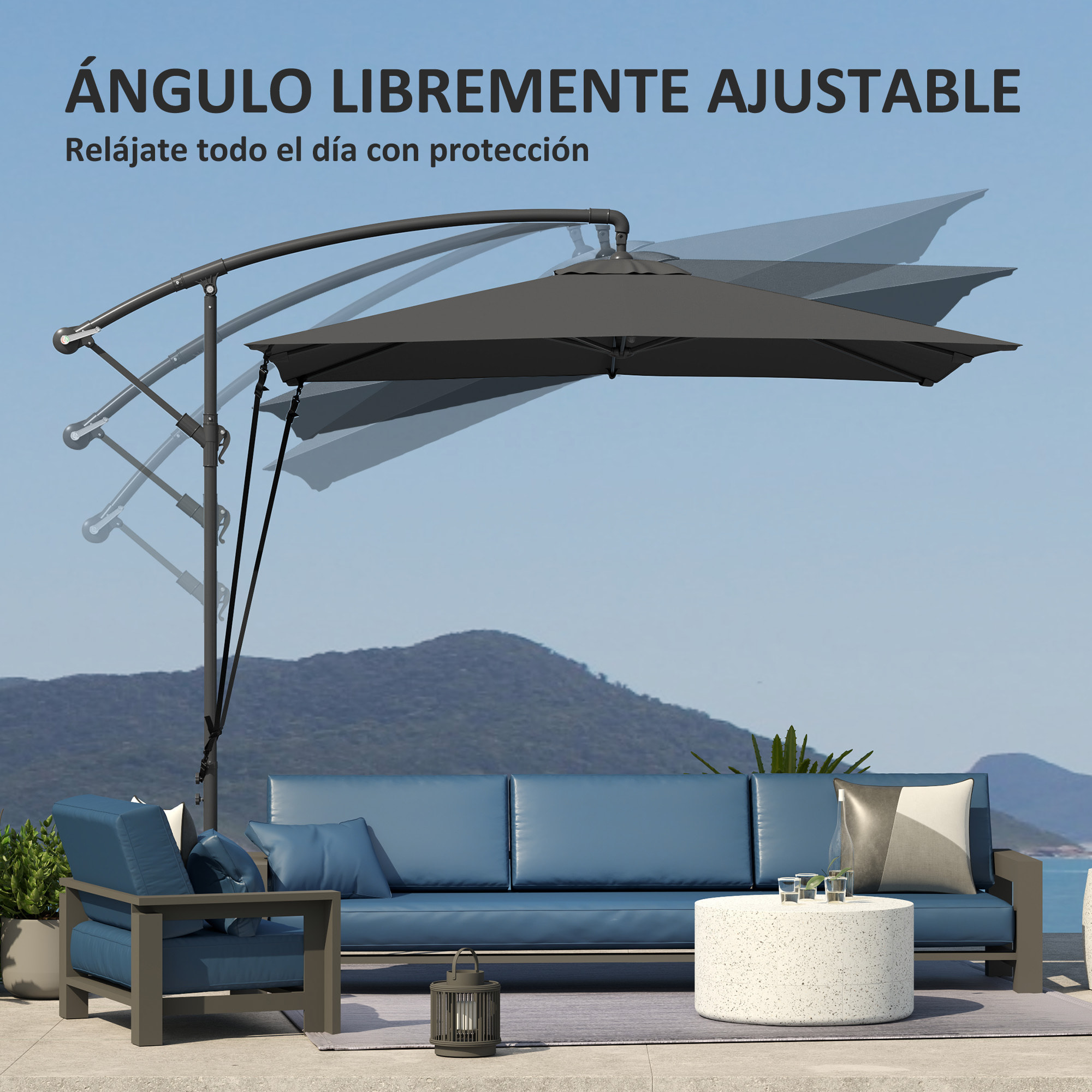 Parasol Excá©ntrico 247x247 cm Sombrilla de Jardín con Base Cruzada Cubierta Ajustable Manivela Funda Protectora y Cuerda de Viento Anti-UV 50+ Sombrilla para Terraza Patio Gris Oscuro
