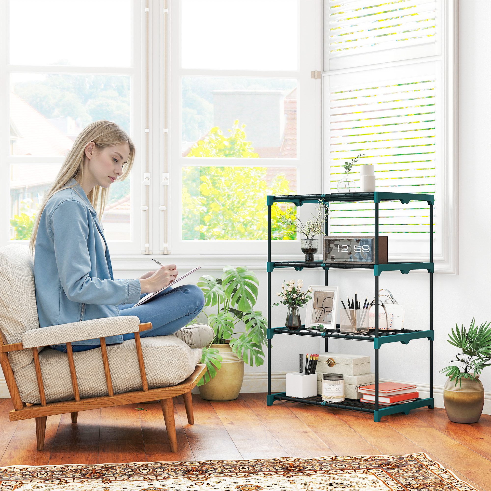 Soporte para Plantas de 4 Niveles, Estantería para Plantas de Acero, Estantes de Rejilla, Soporte para Macetas, Interior y Exterior, 67x49x105 cm, Verde Oscuro