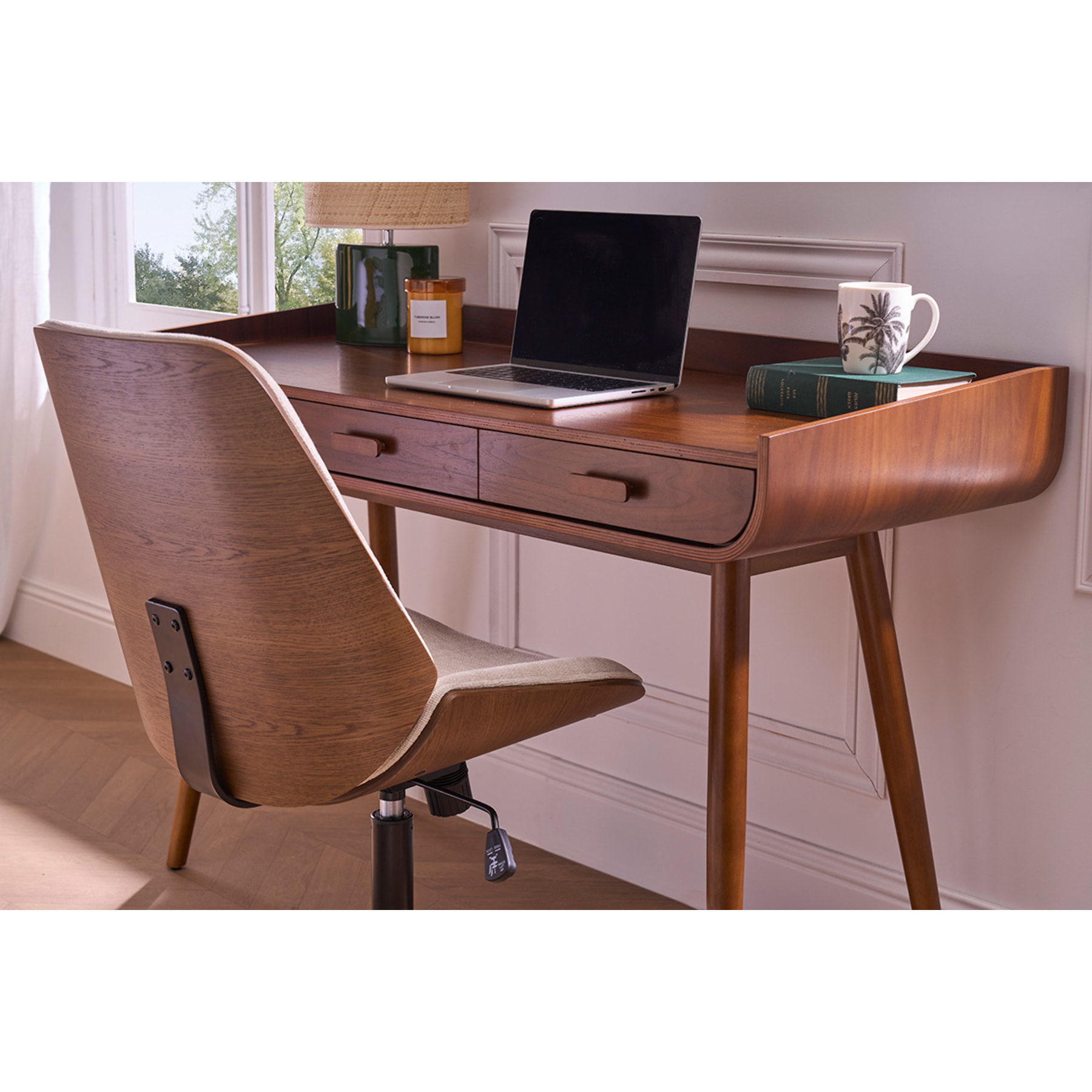 Chaise de bureau à roulettes en bois et tissu effet velours texturé beige DOUGLAS