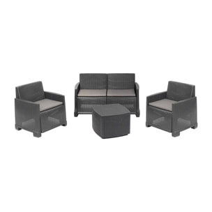 Set salotto da esterno Dbalestrer, Set da giardino con 2 poltrone, 1 divano e 1 tavolino contenitore, Effetto rattan con cuscini, 100% Made in Italy, Antracite