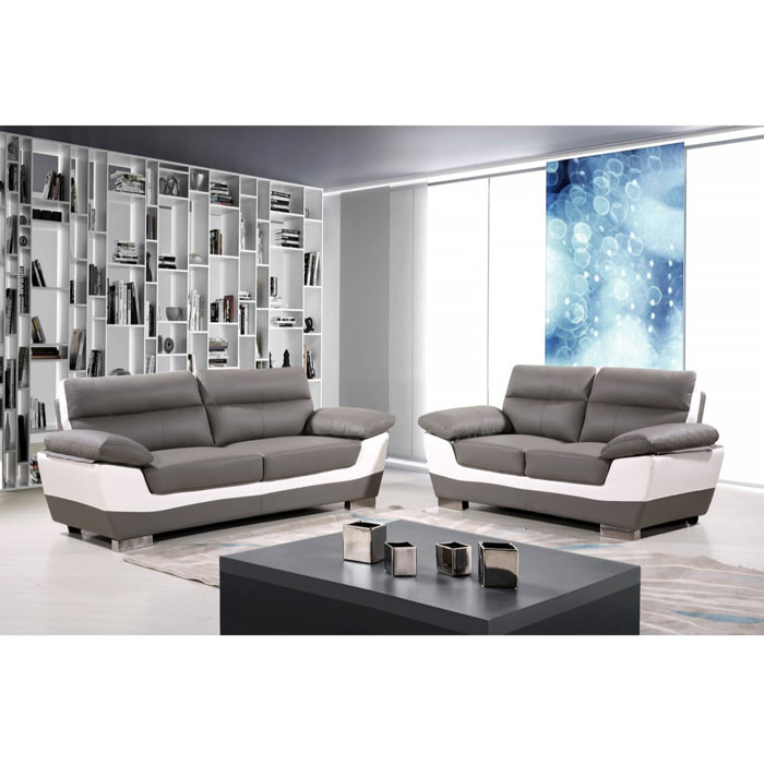 Canapé fixe en cuir reconstitué et PVC " Dallas" - 169 x 88 x 90 cm - 2 places - Gris/Blanc