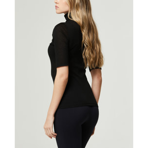 Maglia rib manica corta collo alto in modal cashmere a costine