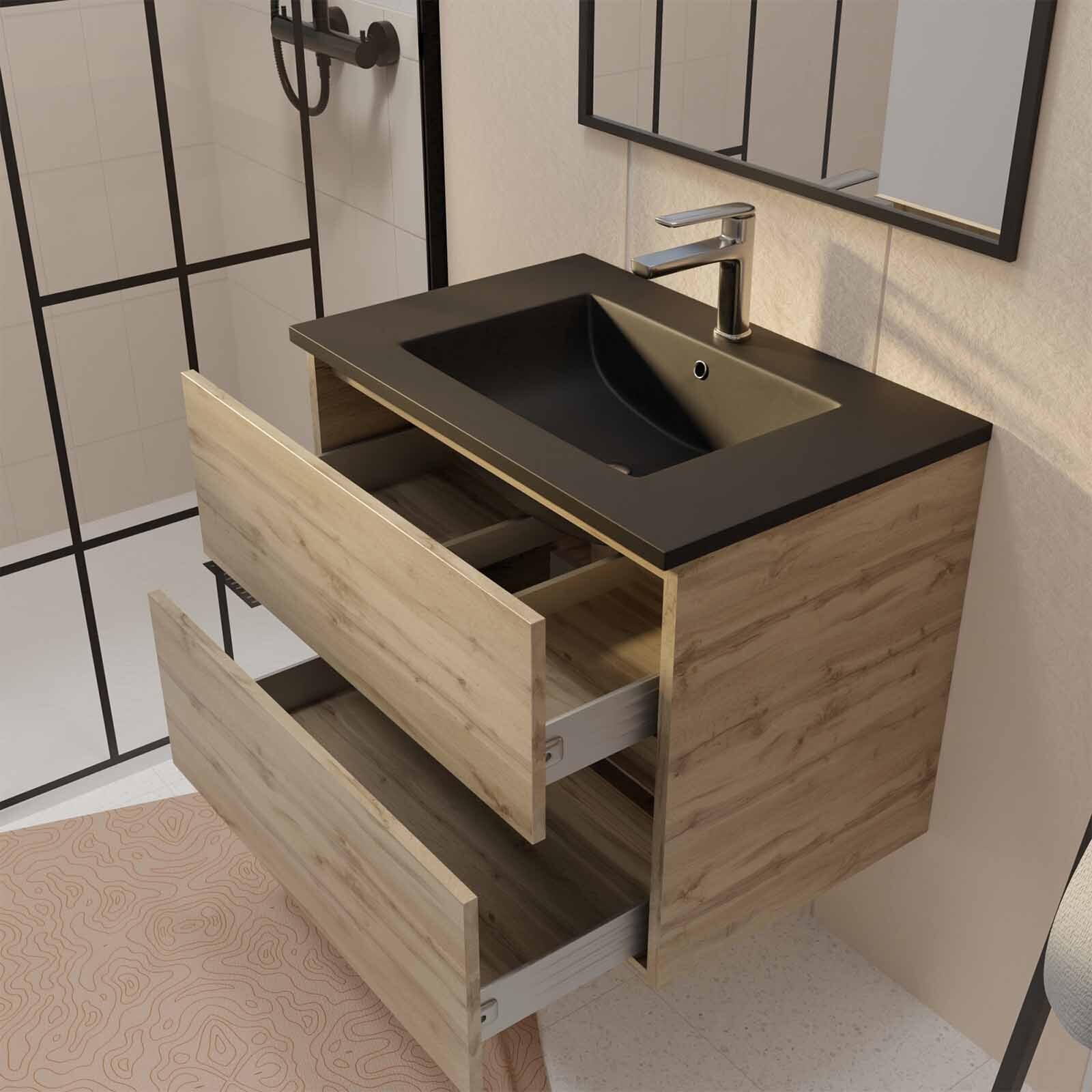 Meuble de salle de bains suspendu 70 cm TIMBER - Décor Chêne Naturel 2 tiroirs avec Vasque noire