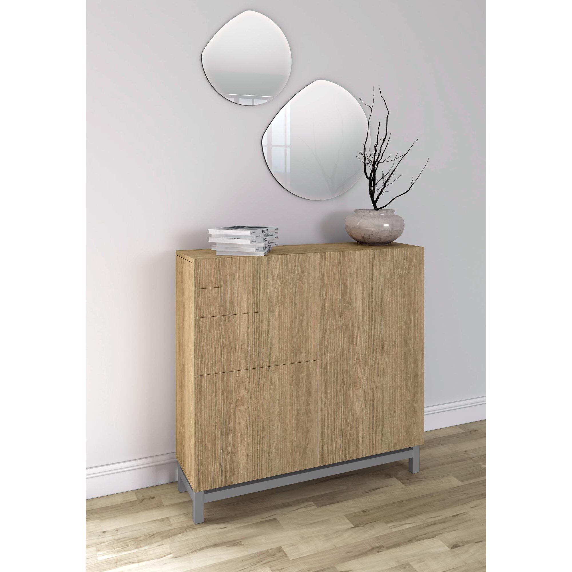 Zapatero Copenhague melamina roble dorado patas gris 90x90x27 cm