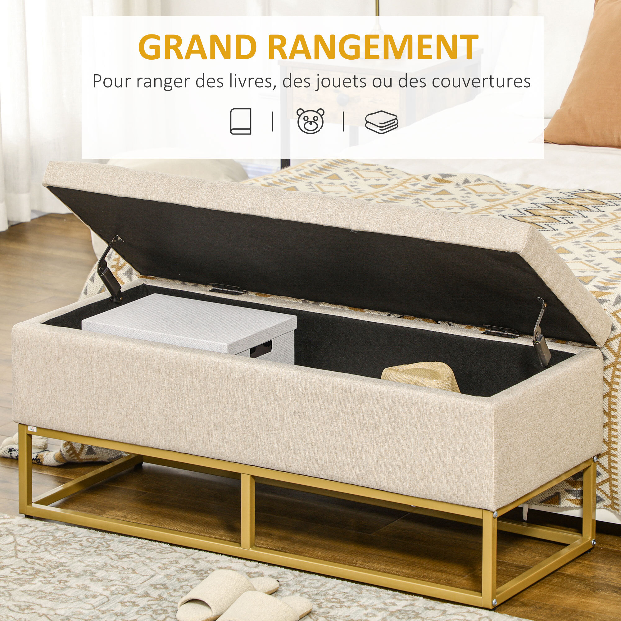 Banc banquette coffre de rangement 2 en 1 piètement acier doré assise capitonnée tissu beige