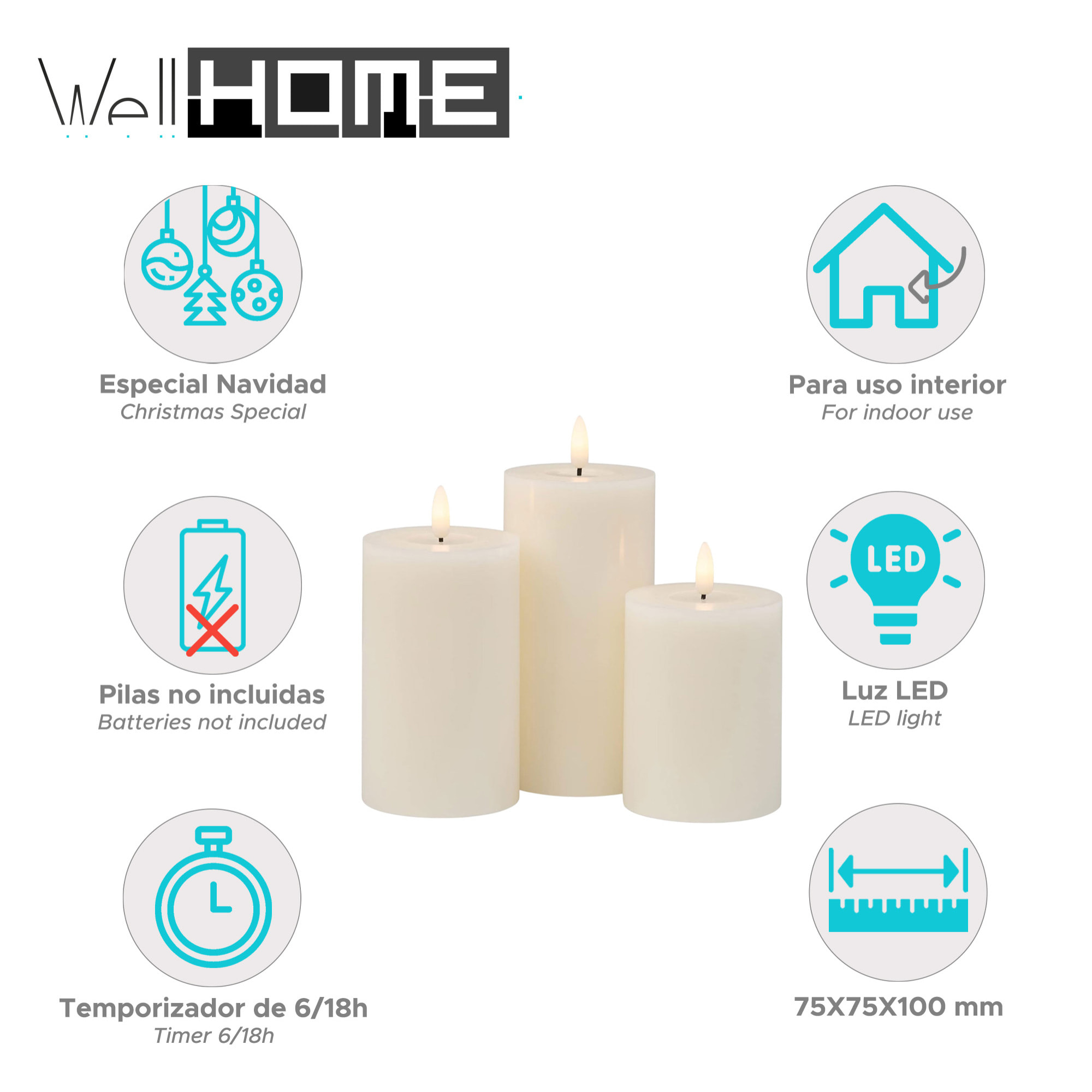 juego de 3 velas led de cera con función de temporizador y diseño rústico