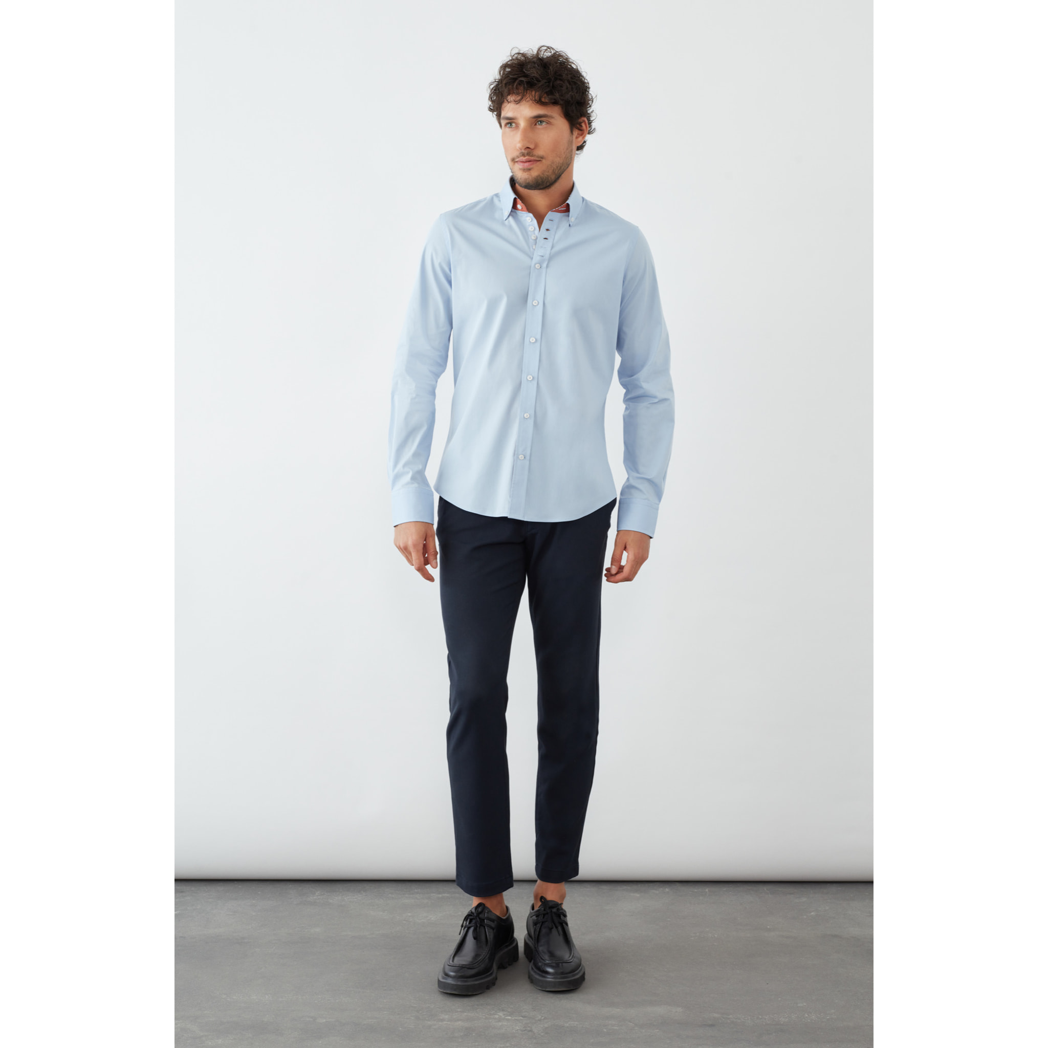 Camicia Uomo 1 Bottoni Button Down Slim Popeline Stretch Unito Celeste