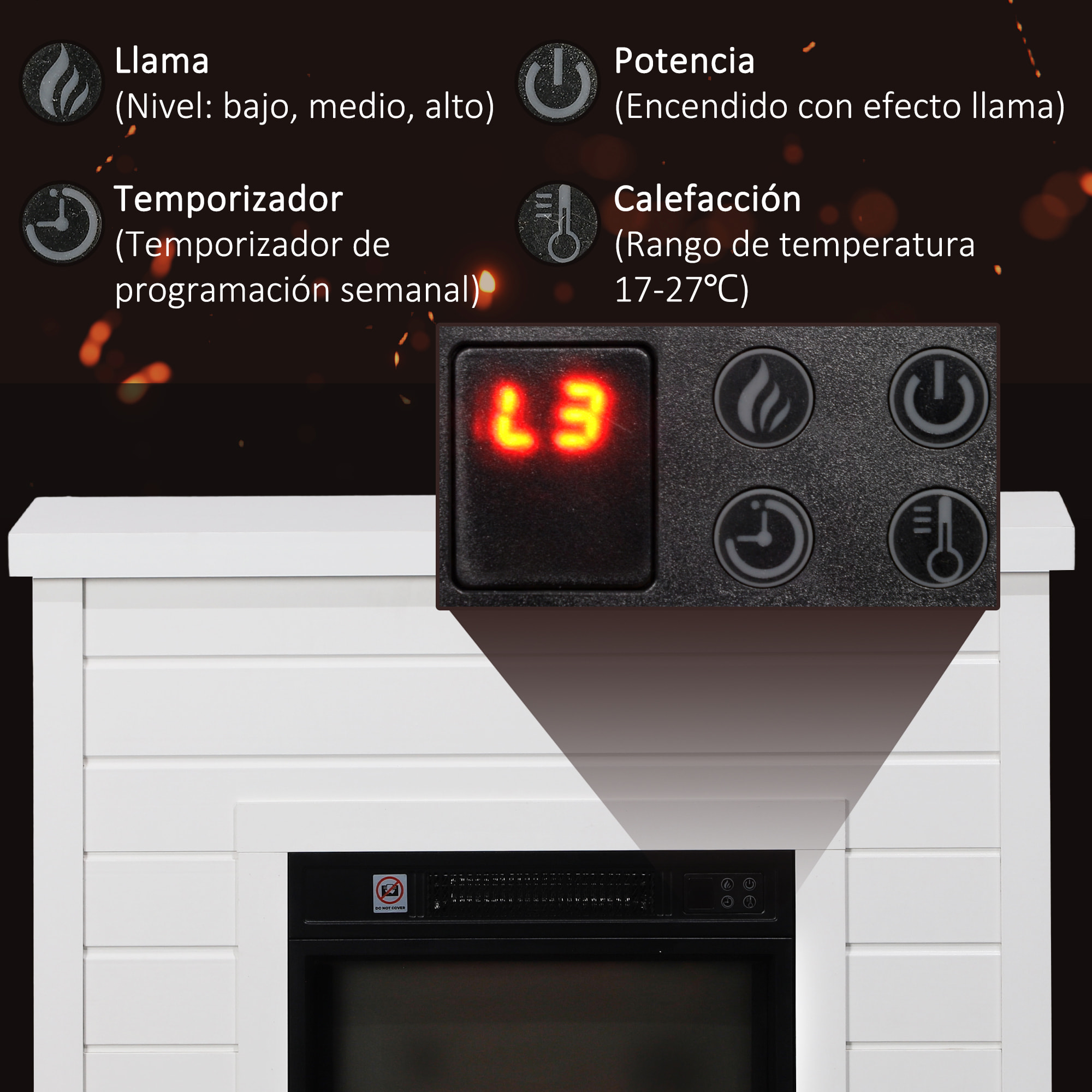 Chimenea Eléctrica 1800W Chimenea Decorativa con Efecto de Llama Mando a Distancia Temporizador Semanal Protección Contra Sobrecalentamiento para Sala 30 m² Blanco