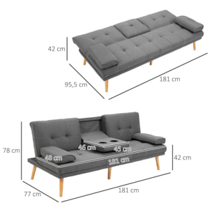 Sofá Cama 3 Plazas Sofá Cama Plegable con Respaldo Ajustable de 3 Niveles Reposabrazos Desmontable y 2 Soportes para Vasos 181x77x78 cm Gris Oscuro