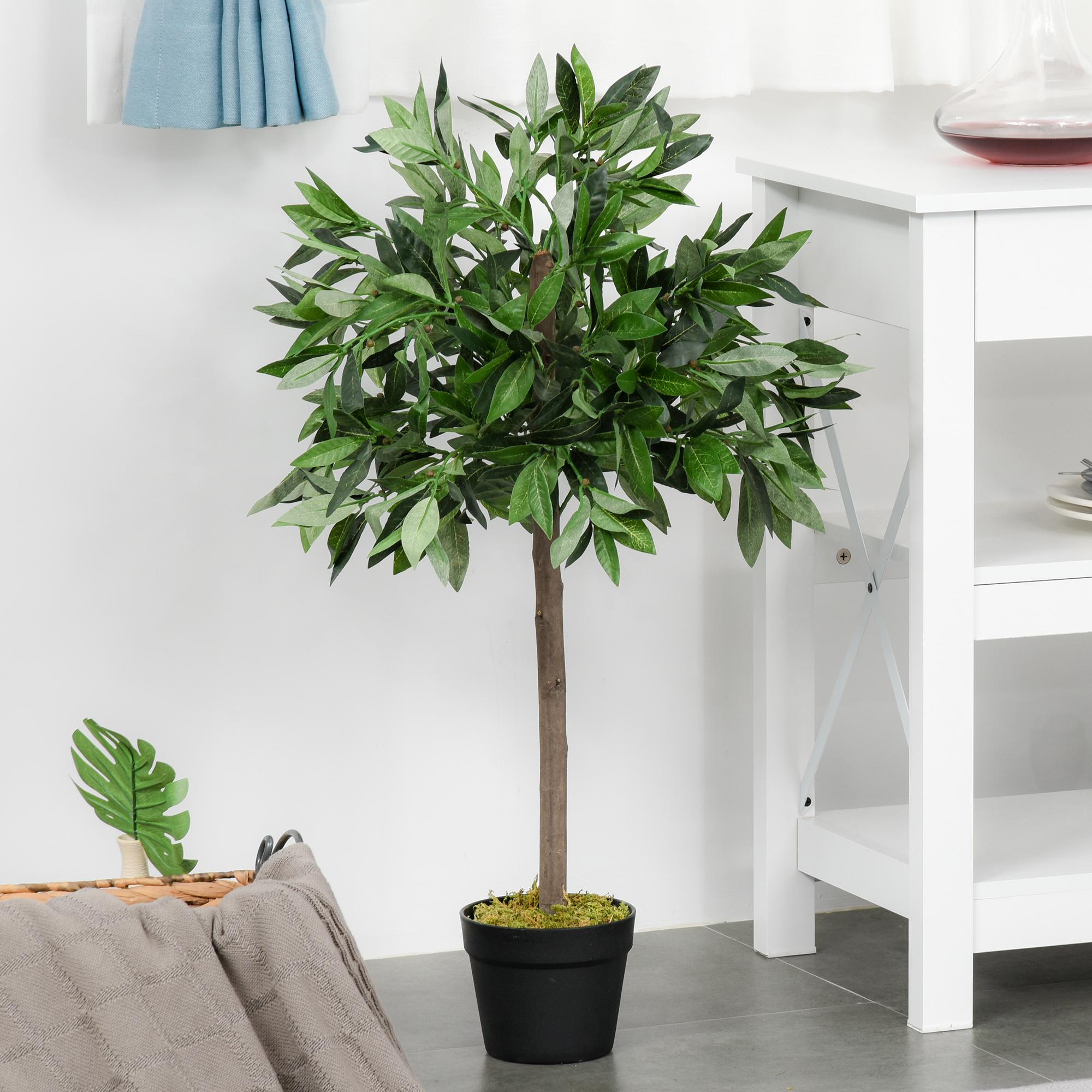 Outsunny 2 Plantas Artificiales de 90 cm de Altura Árboles de Laurel Decorativos con Maceta para Hogar Salón Uso en Interiores y Exteriores Verde