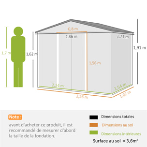 Abri de jardin tôle acier galvanisé effet bois 3,6 m² 2 portes coulissantes