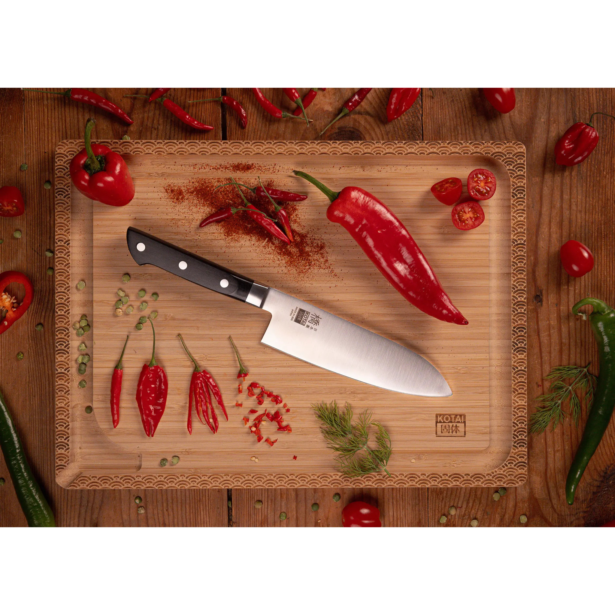 Il Set Deluxe Completo Hashi Classico 10 pezzi: 5 coltelli (ufficio + petty + nakiri + santoku + gyuto) + supporto magnetico per coltelli in bambù + tagliere in bambù + set per affilatura grana 180/800 + acciaino + forchetta da taglio