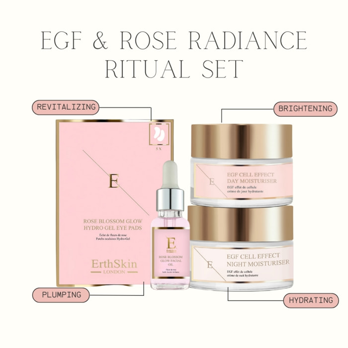 Crema hidratante de día EGF Cell Effect + Crema hidratante de noche EGF Cell Effect + Almohadillas para ojos RoseBlossom + Aceite facial de flor de rosa