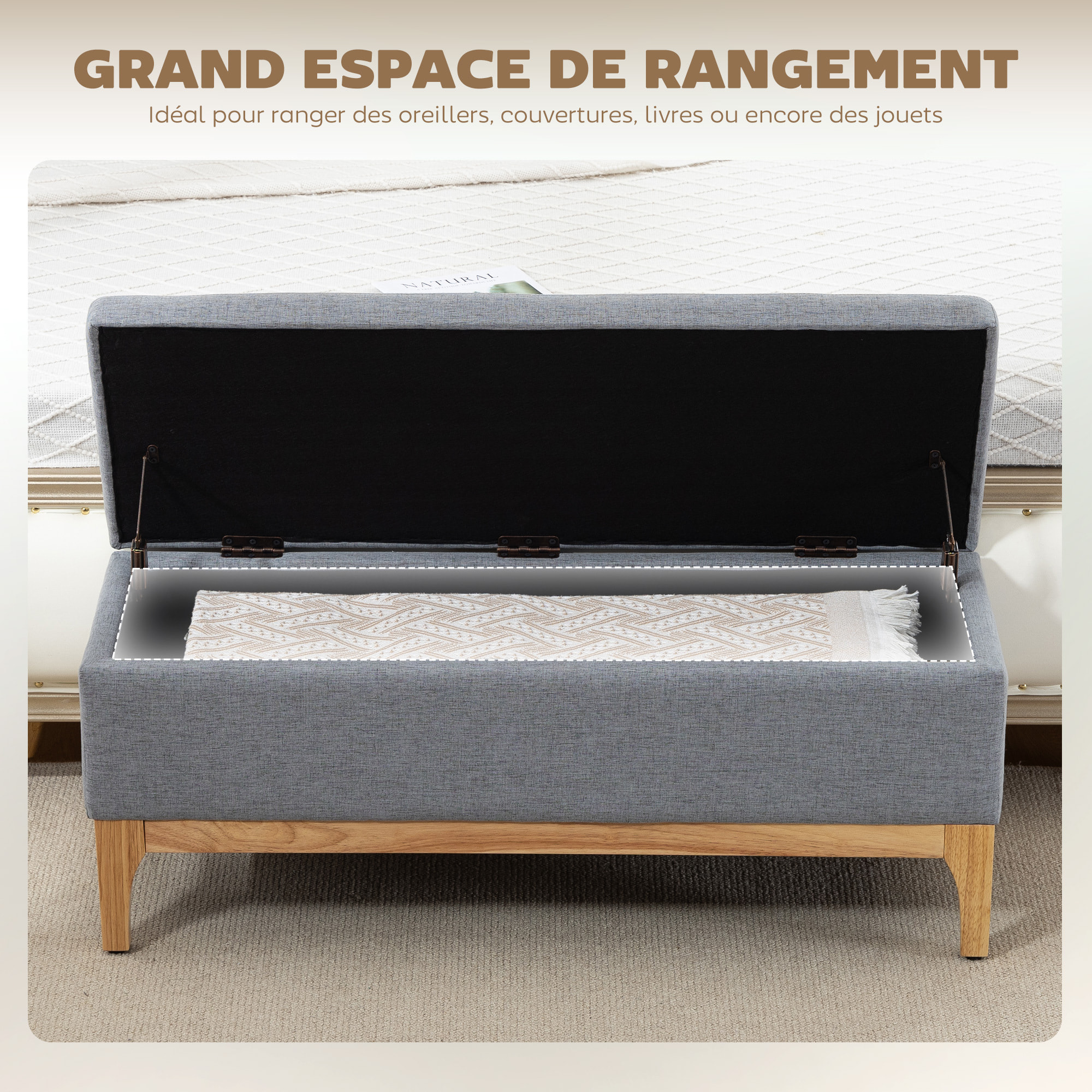 Banquette coffre de rangement 2 en 1 style scandinave dim. 110L x 39l x 45H cm tissu gris