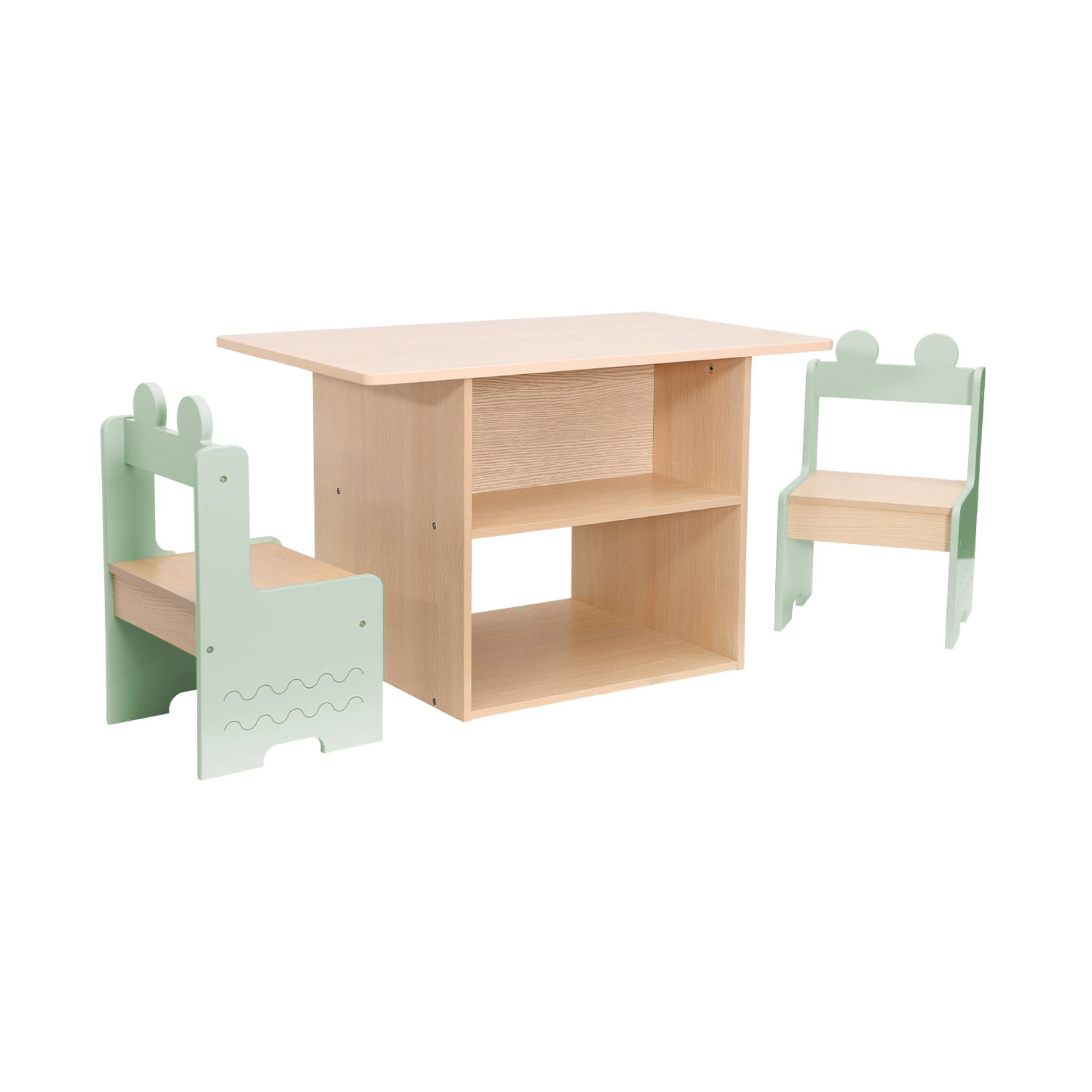 Table enfant + 2 chaises. avec étagères. vert