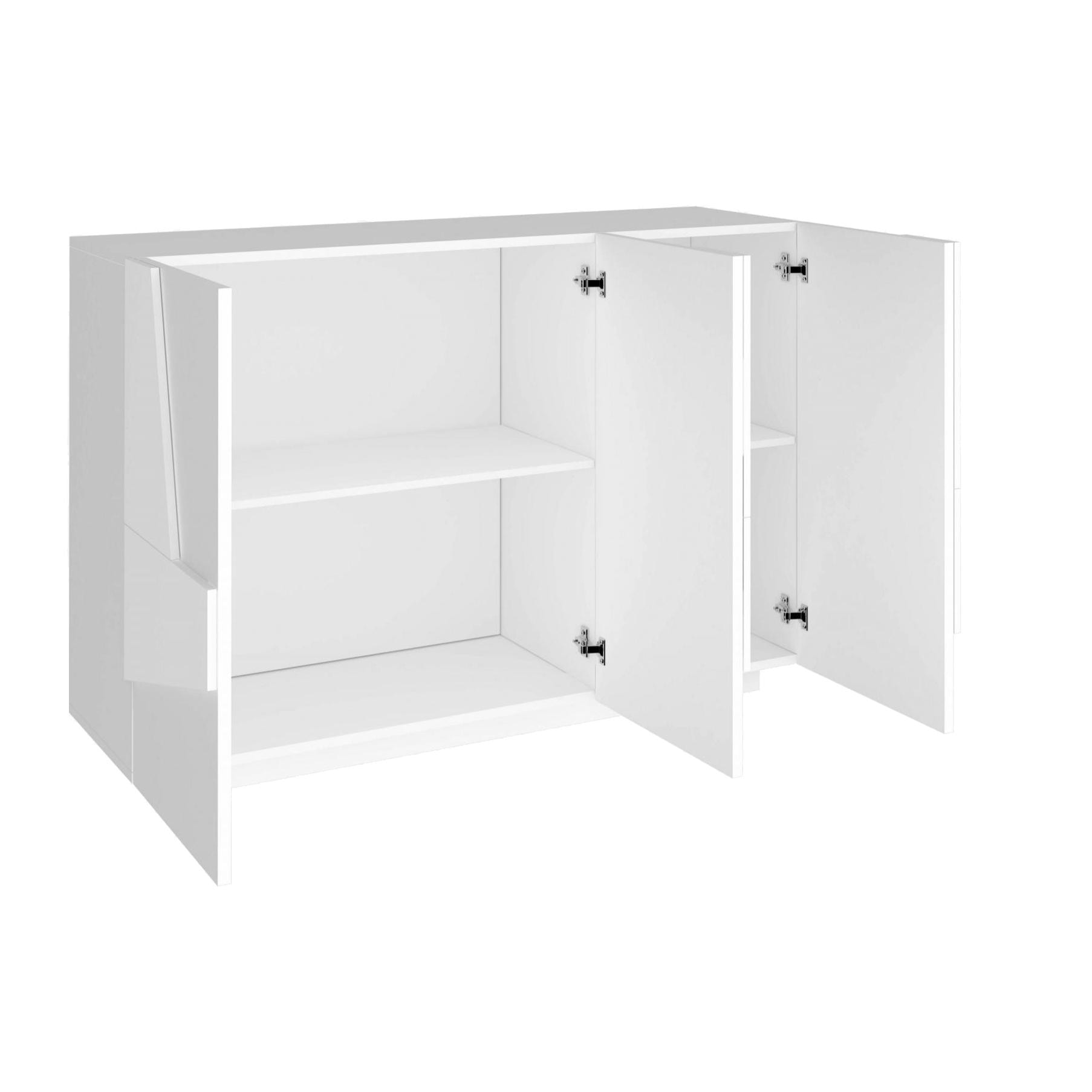 Mobile da ingresso a 3 ante e ripiani interni, Made in Italy, Entratina moderna, Credenza per atrio, cm 121x38h86, colore Bianco lucido