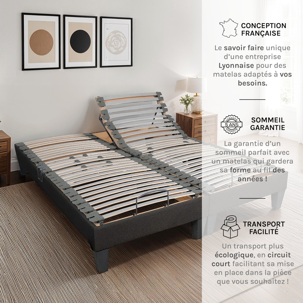Sommier Électrique Amiral Technologie Bi-Lattes, Relevage Tête et Jambes motorisés, Réglage Lombaire, Structure Bois Épicéa & Hêtre