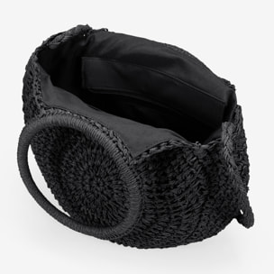 Bolso de mano media luna negro en rafia