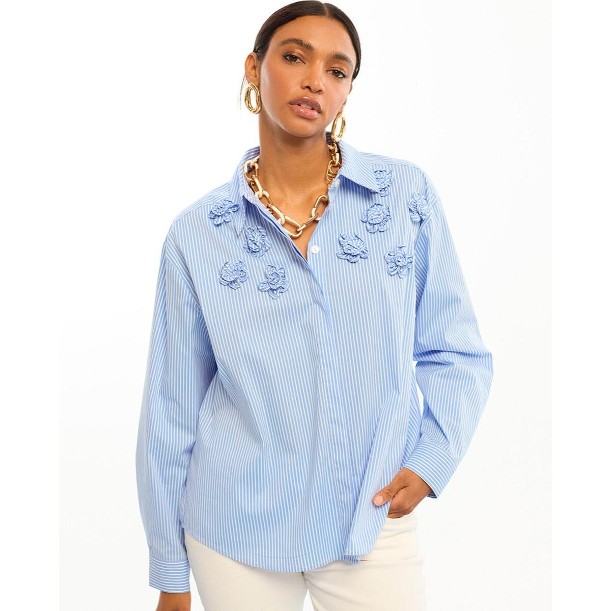 Camicia in popeline con righe floreali e tessuto sulle spalle