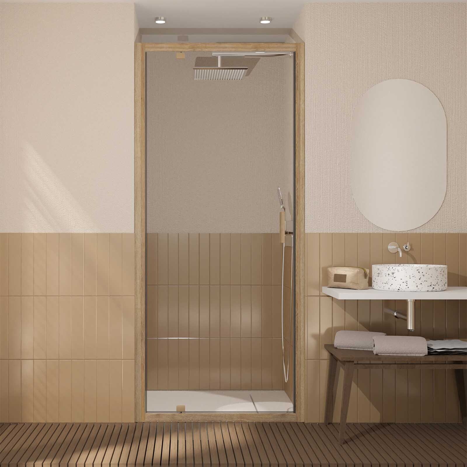 Porte de douche Pivotante 90x200cm - Profilés Aluminium effet Bois - Verre 6mm - WOOD CRUSH