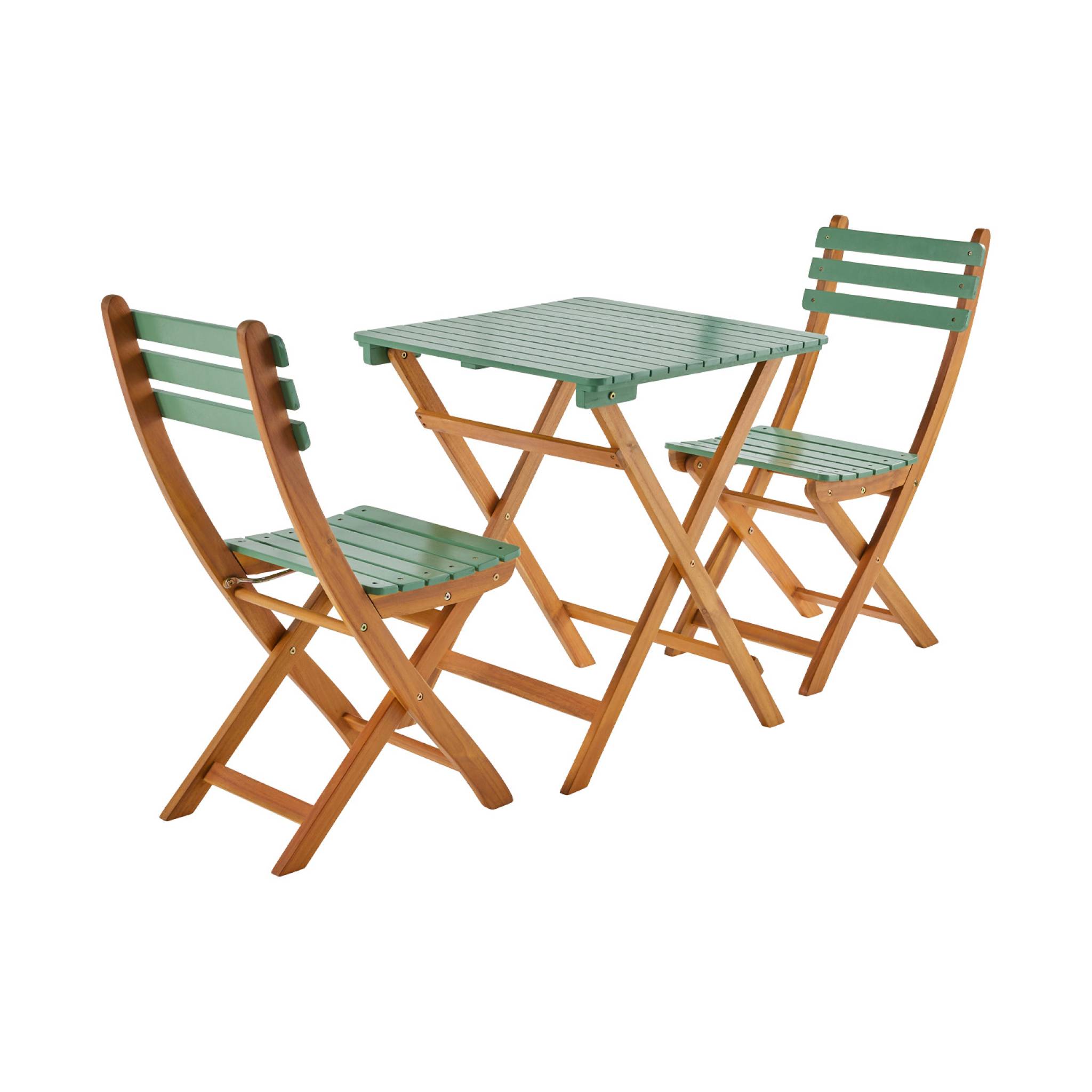 Table de jardin pliante bois d'acacia + 2 assises vert de gris HILORA . table carrée
