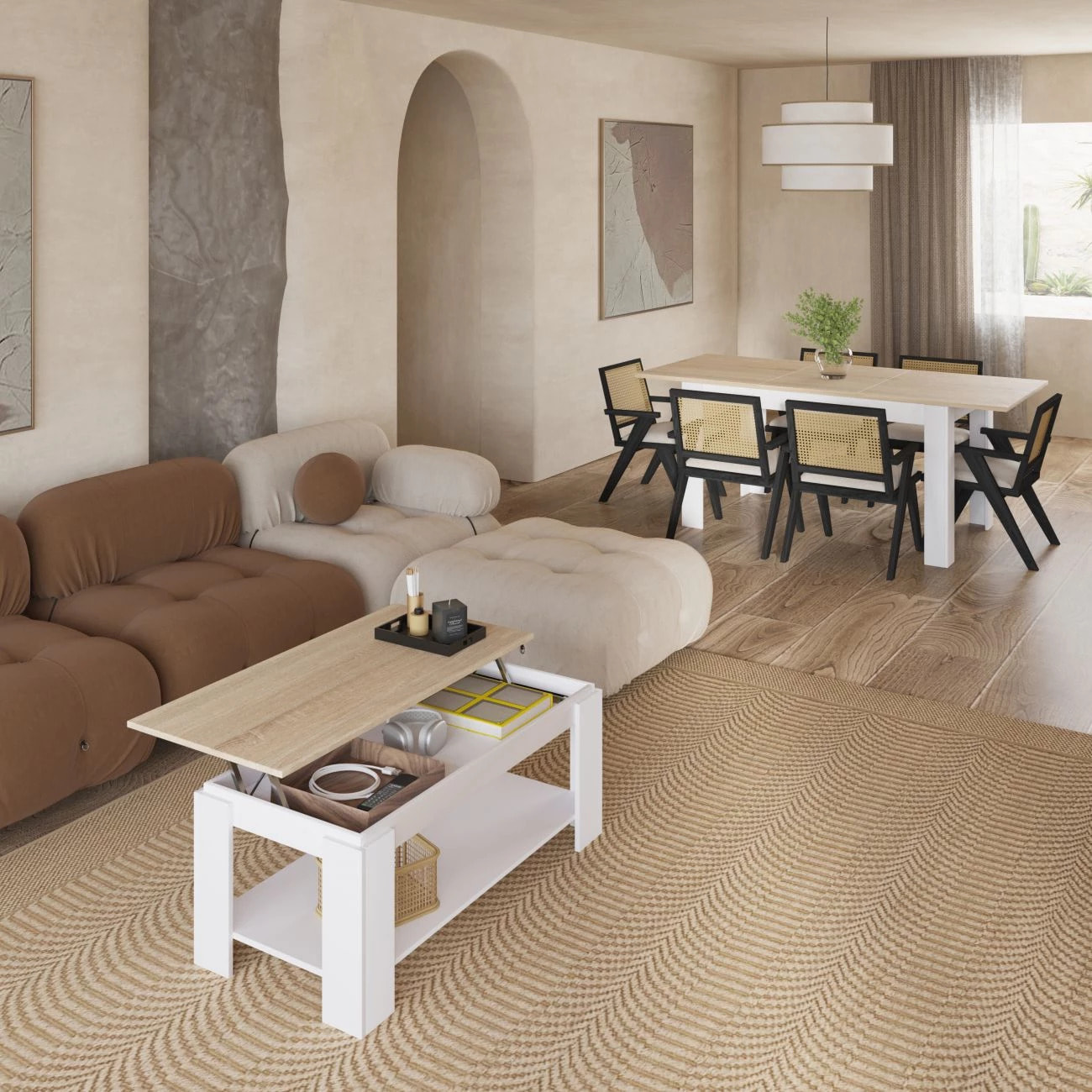 Pack mesa de comedor 140 y mesa de centro Lya Blanco Artik (Blanco Mate) - Roble Canadian