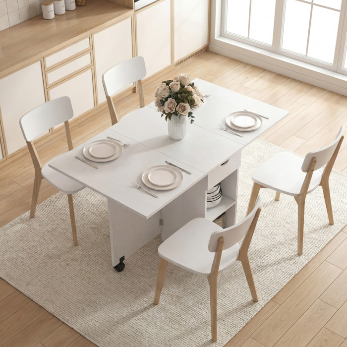 Table à manger pliable extensible 4 personnes - 2 abattants, 2 étagères, tiroir, roulettes - aspect bois blanc