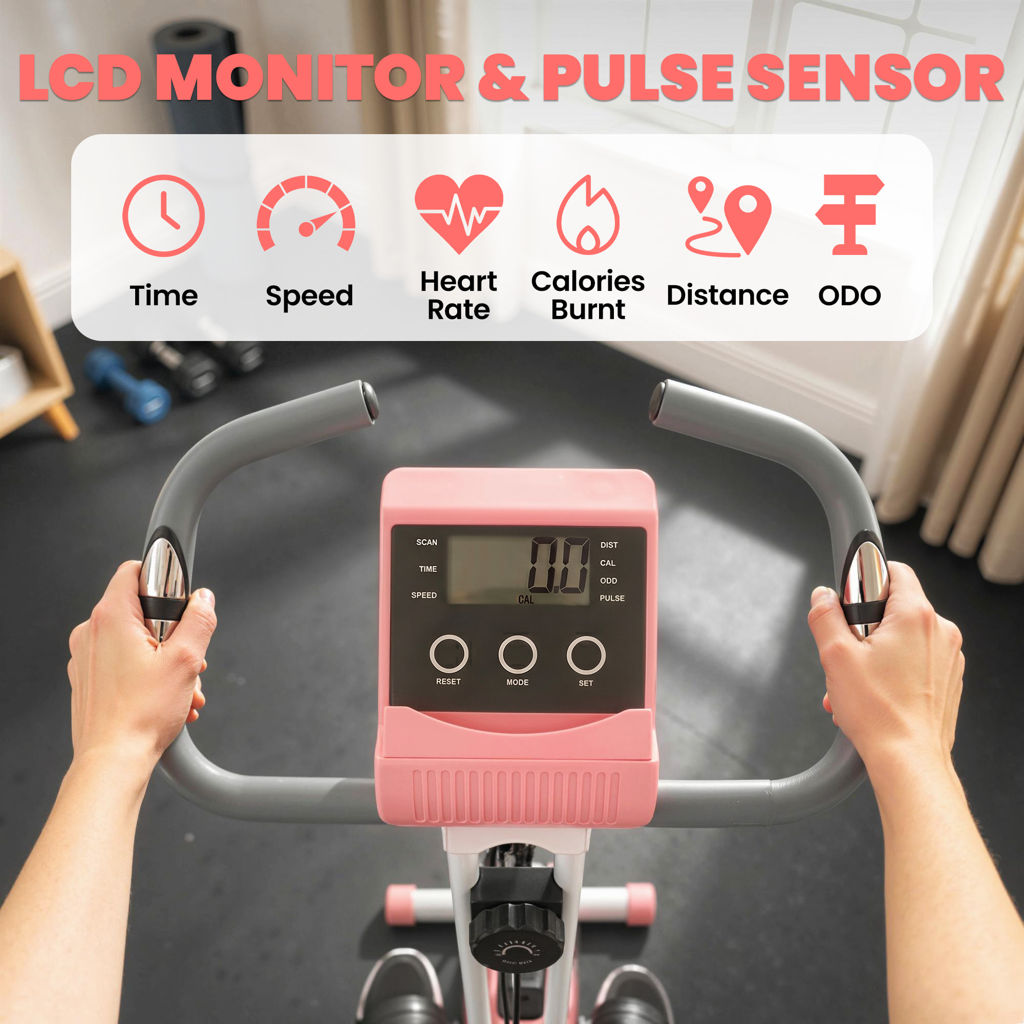 Vélo d'appartement pliant 8 niveaux de résistance magnétique dossier selle réglable poignées ergonomiques écran LCD multifonction suspensions support tablette acier rose blanc