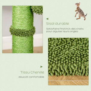 Arbre à chat griffoirs design cactus - hamac, 3 jouets pompons suspendus - panneaux peluche sisal vert