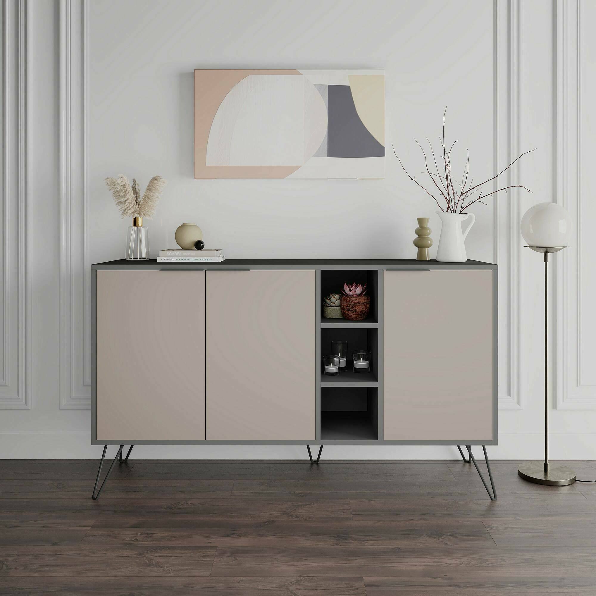 Credenza Dpenz, Buffet da soggiorno, Madia da salotto, Dispensa da cucina, 142x36h83 cm, Antracite e Beige