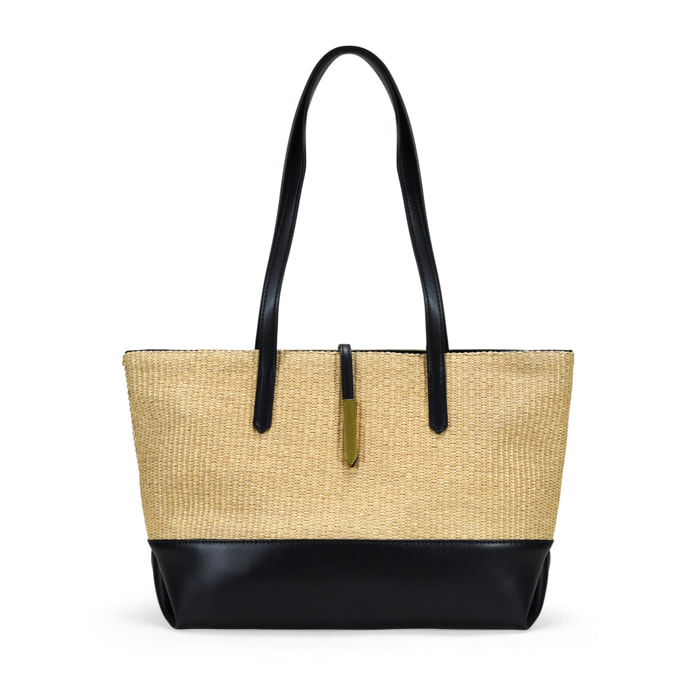 Bolso de hombro beige en rafia con solapa