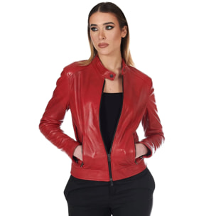 Giacca biker in pelle rossa nappa effetto liscio