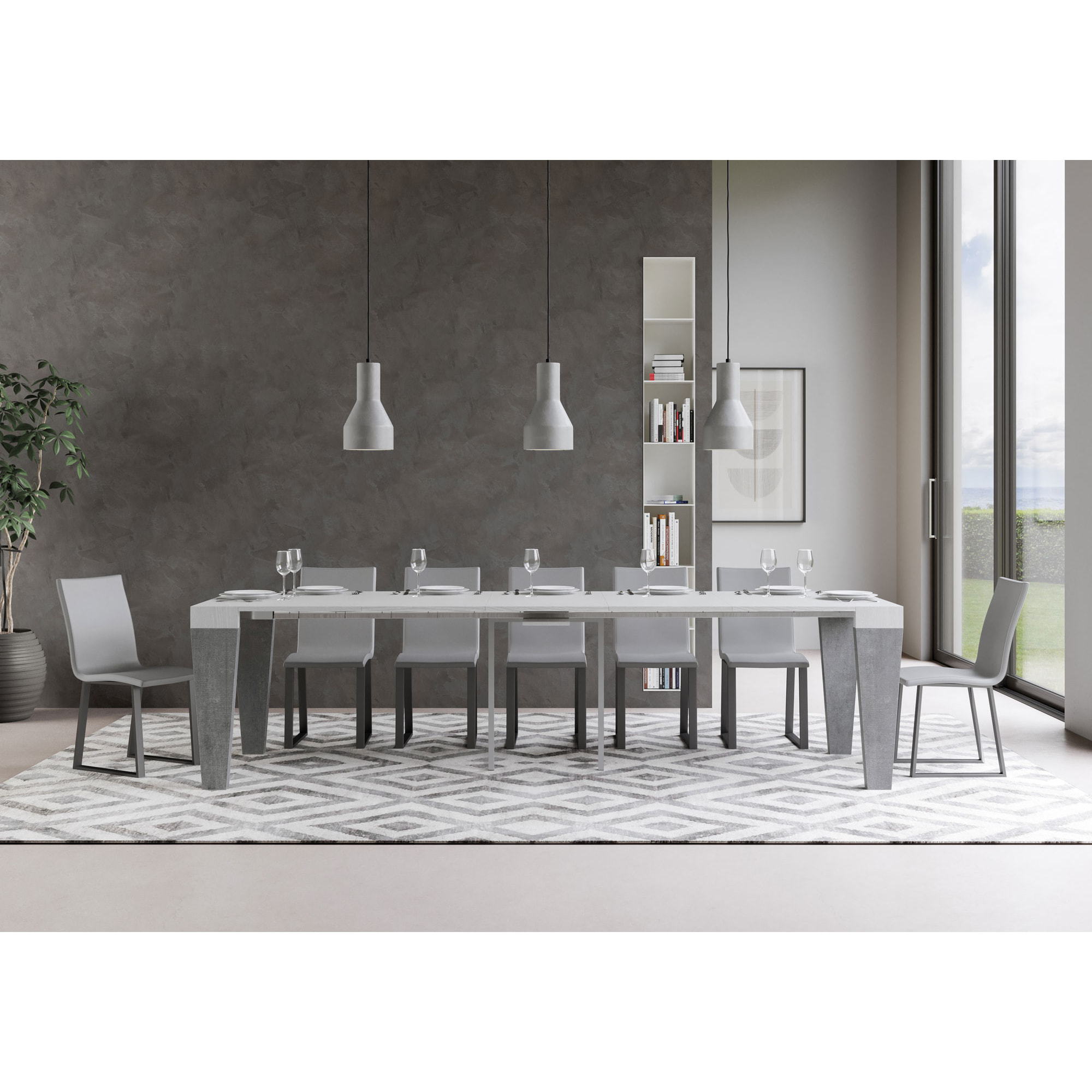 Consola extensible 90x40/300 cm Spimbo Mix tapa Fresno Blanco - patas Cemento